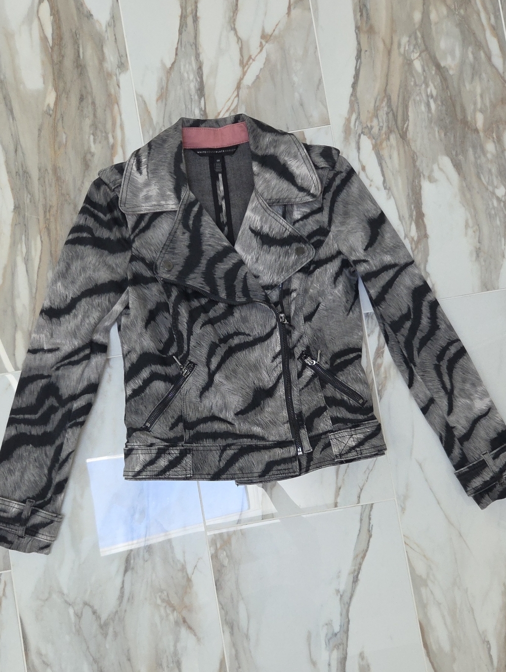 White House Black Market Grey & Black Animal Print Zebra Moto Jacket Size 00